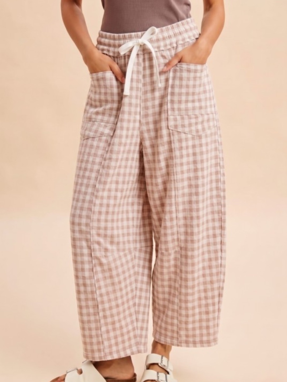 "The Brooke" Blush Soft Brushed Gingham Barrel Fit Pants